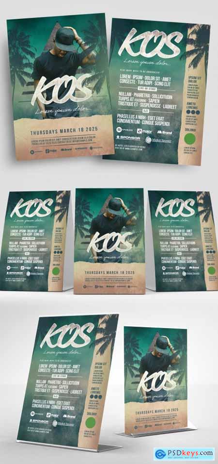 Event Flyer Layout with Green Textured Background and Palm Tree Illustrations 333042070