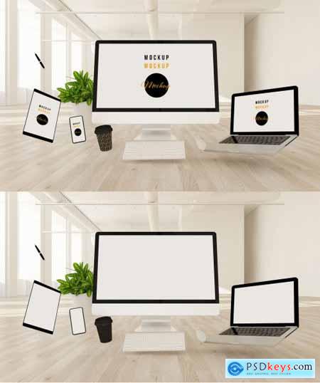 Computer and Devices Floating Above a Wooden Floor Mockup 333544398