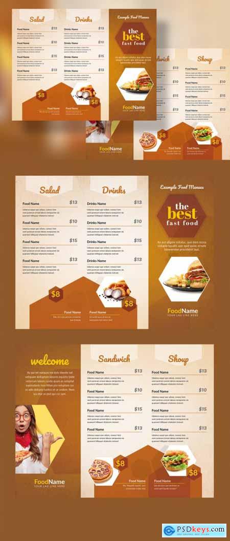 Golden Food Menu Trifold Layout with Hexagon 333558924