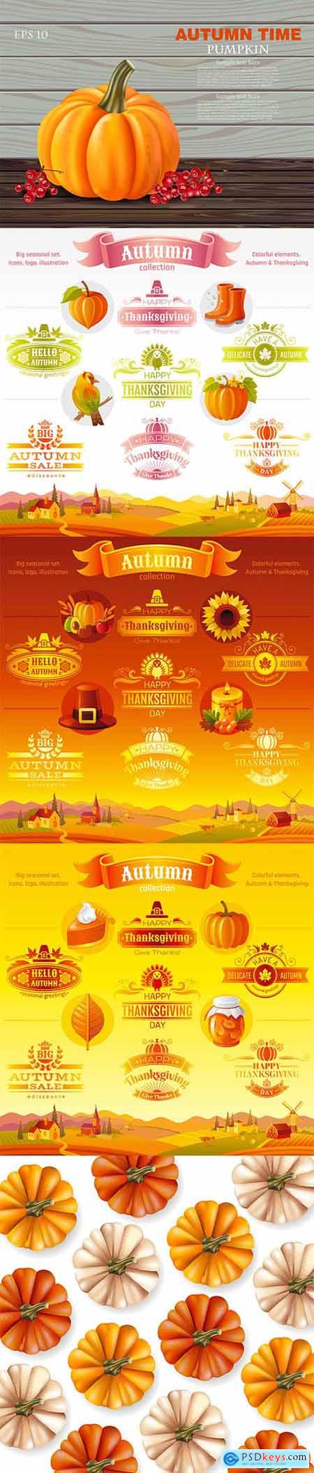 Autumn Pumpkins Collection and Thanksgiving Icon Logo Set
