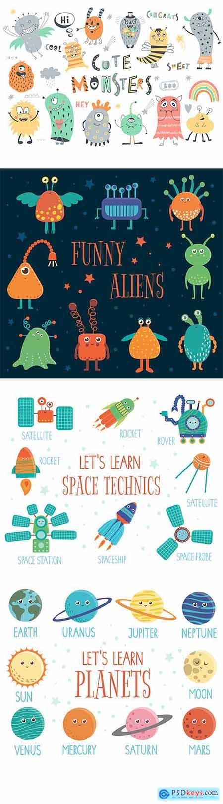 Funny Aliens Cute Monsters, Space Technics and Planets