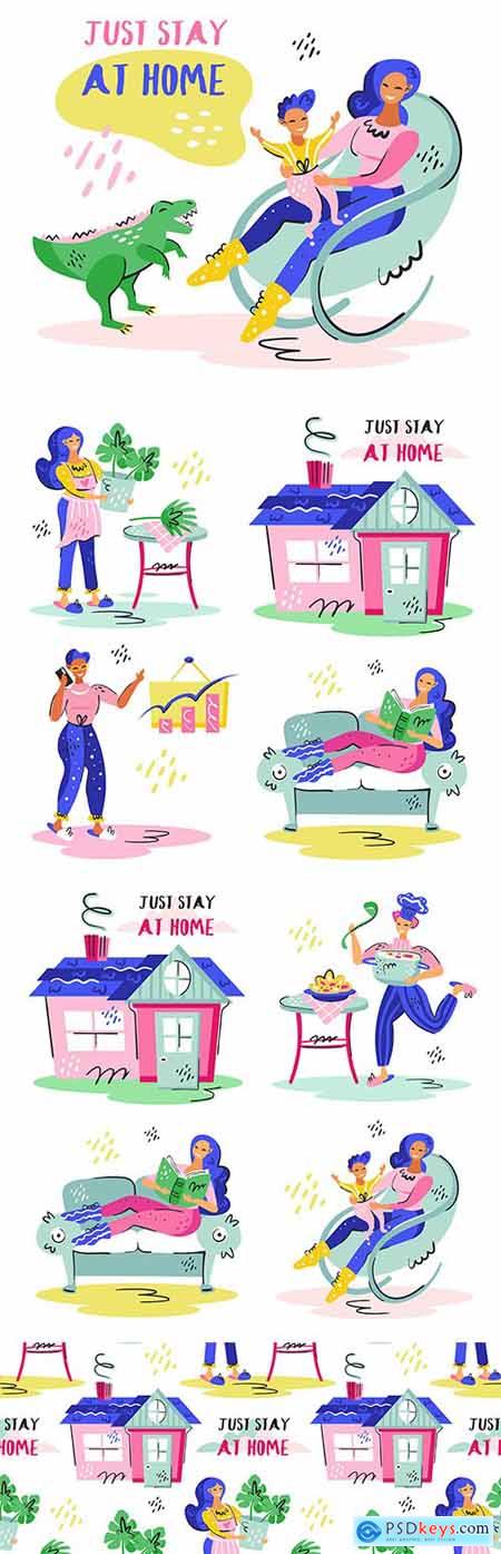 Just stay home self-insulating flat illustrations