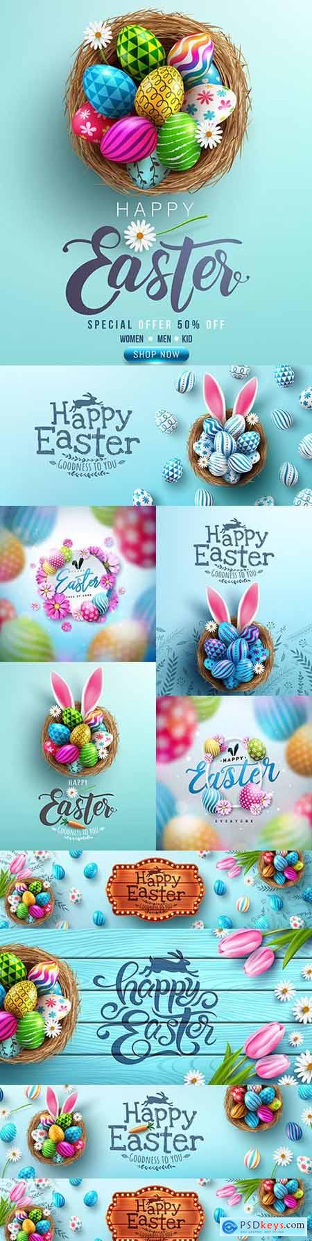 Happy Easter eggs in nest poster and banner template