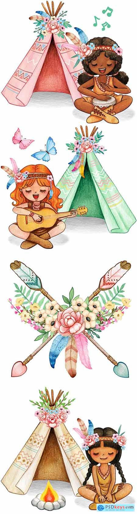 Boho floral Indian arrows and girl with flowers watercolor
