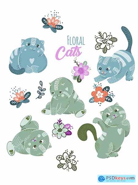 Cute and funny kittens with flowers drawn illustrations