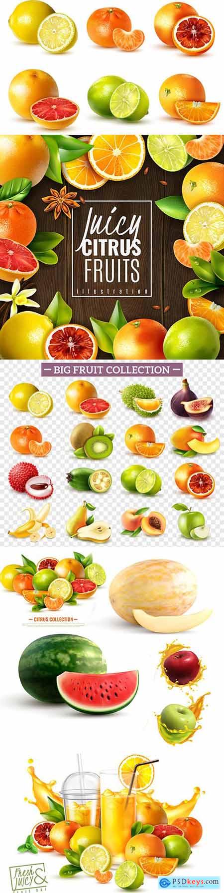 Ripe and fresh fruit a realistic set whole and sliced