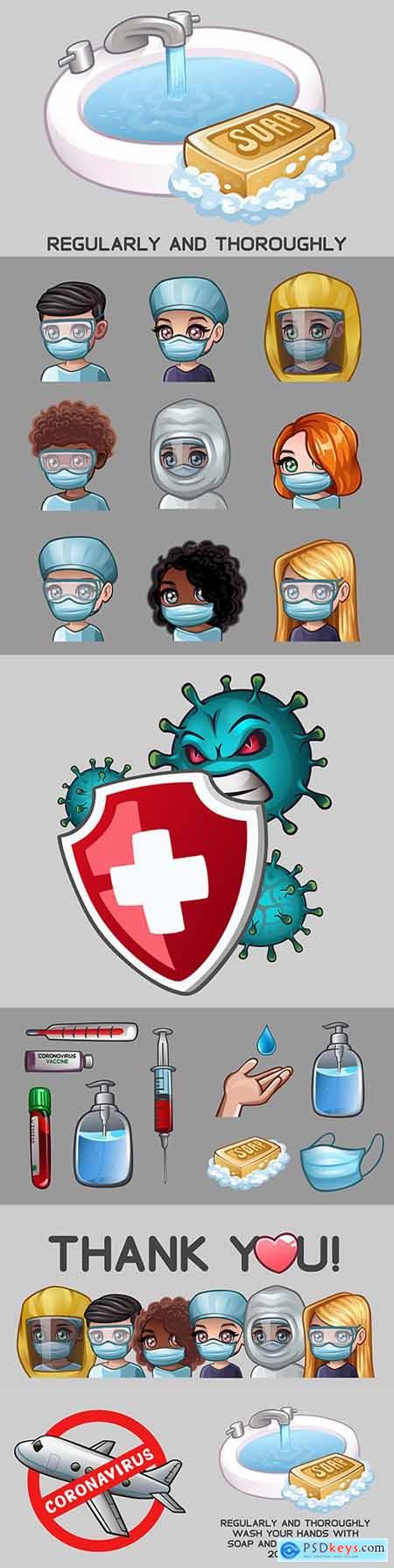 Hygienic agents with disinfectant and soap in coronavirus icons