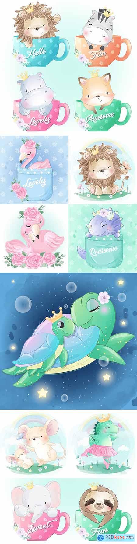 Funny animals cartoon watercolor with flowers illustrations 36