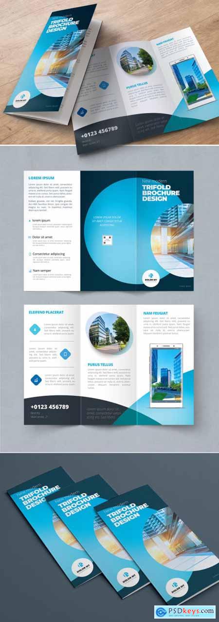 Blue Trifold Brochure Layout with Abstract Circles 334853130