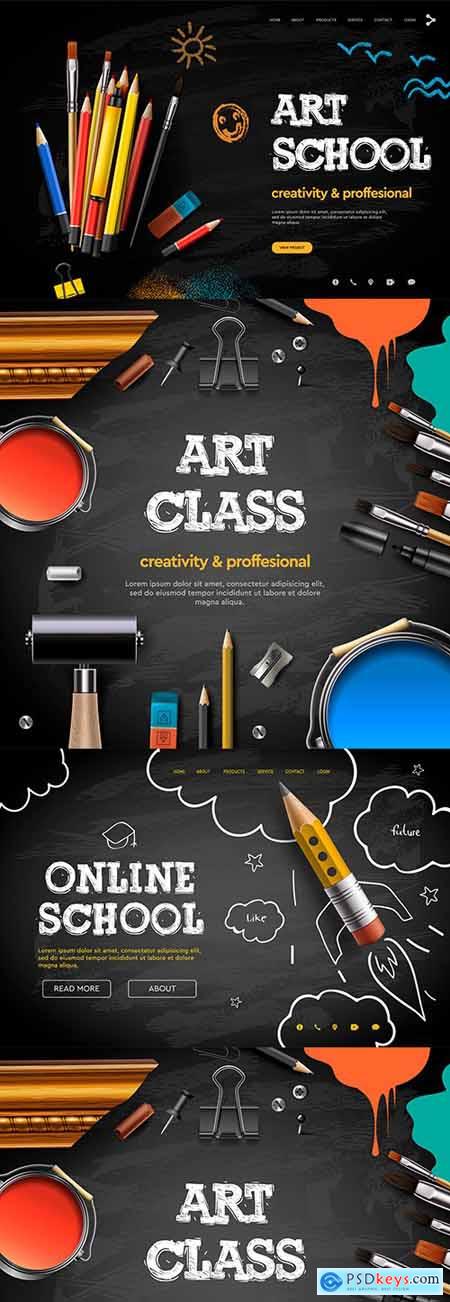 Art class, studio education banner poster on black background