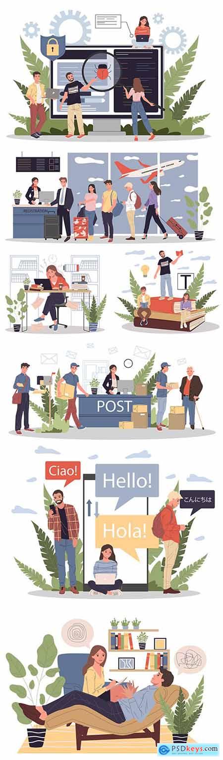 Happy people work in office with flat design illustration