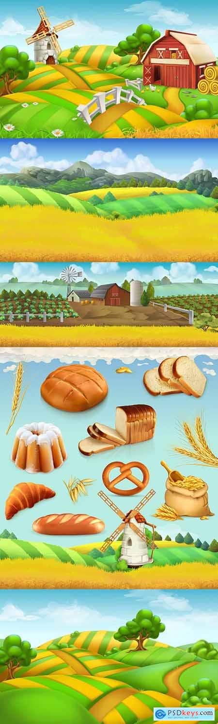 Farm field landscape and wheat with bread 3d illustrations