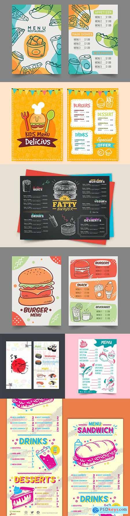 Fast food and childrens menu cafe design illustration