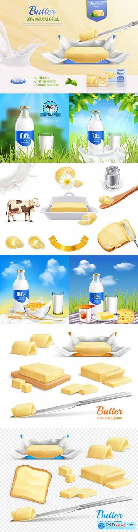 Bottle of fresh milk and butter realistic illustrations