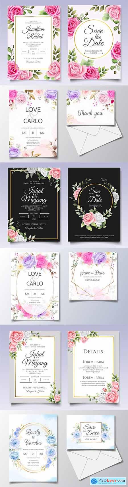 Elegant wedding invitation template flowers and leaves 3