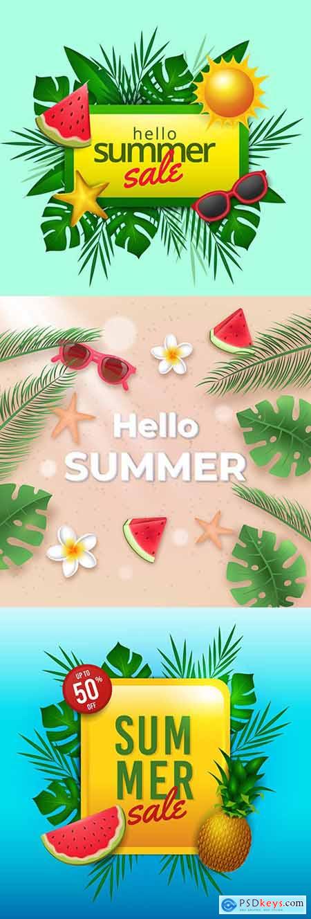 Hello summer realistic sale concept with tropical leaves