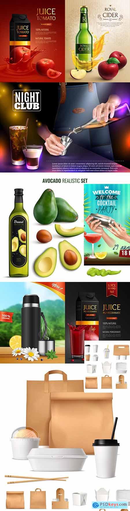 Natural drinks and products realistic advertising composition