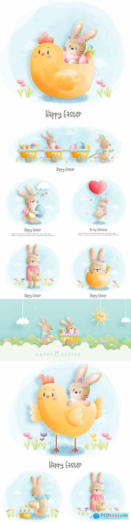 Happy Easter watercolor happy with illustration rabbit and chicken