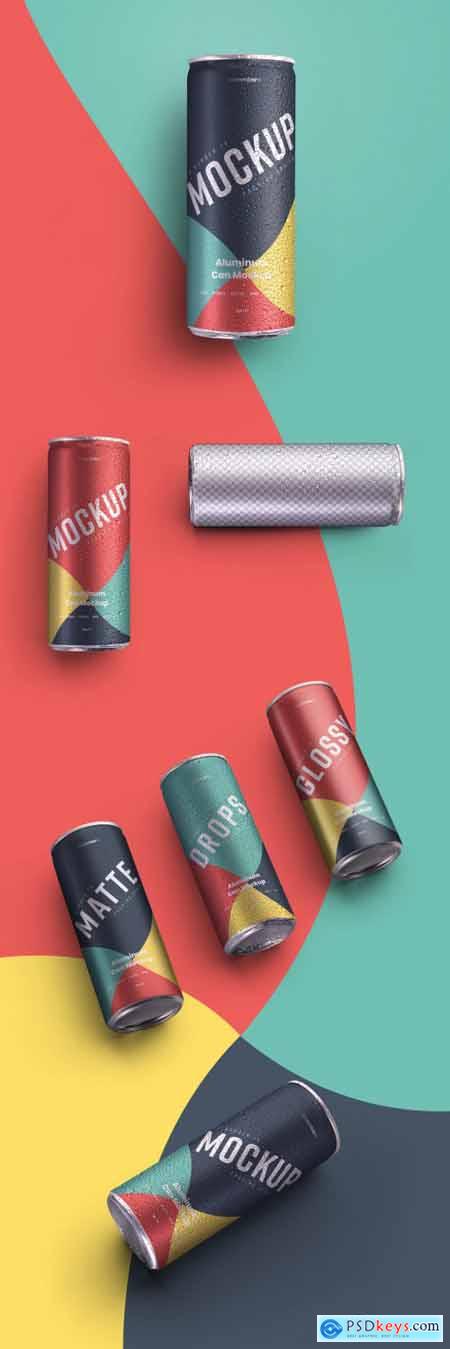 4 Aluminum Cans with Water Drops Mockup 338904923