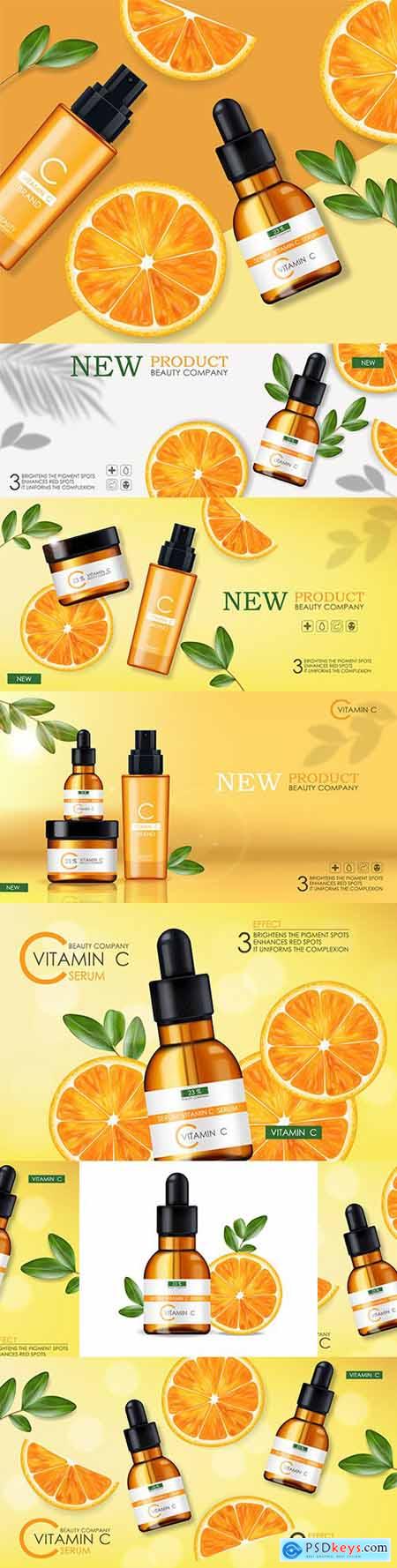 Vitamins cream and whey bottle for skin care, realistic packaging