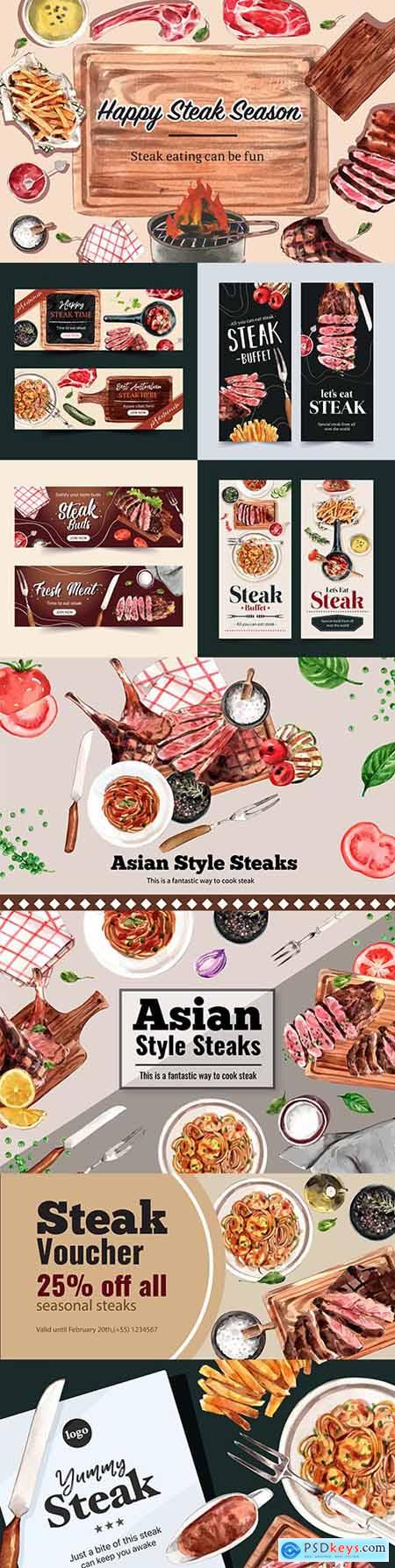Steak banner design with fried meat, spaghetti watercolor illustrations