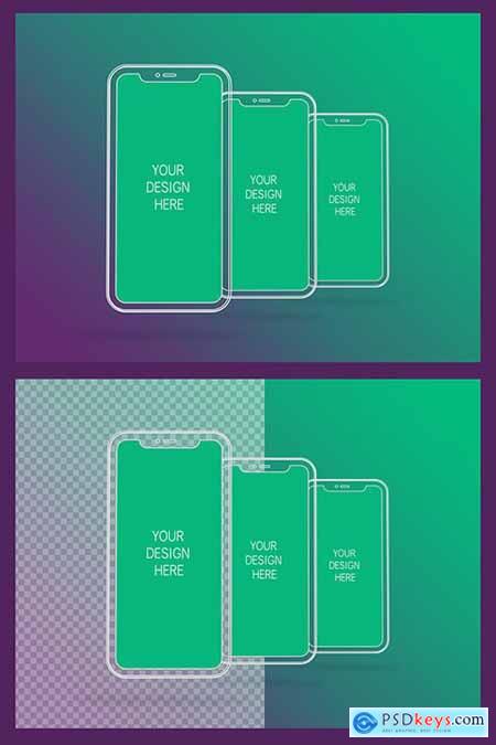 3 Wireframe Smartphones Screen Mockups with Transparent Background 337056964