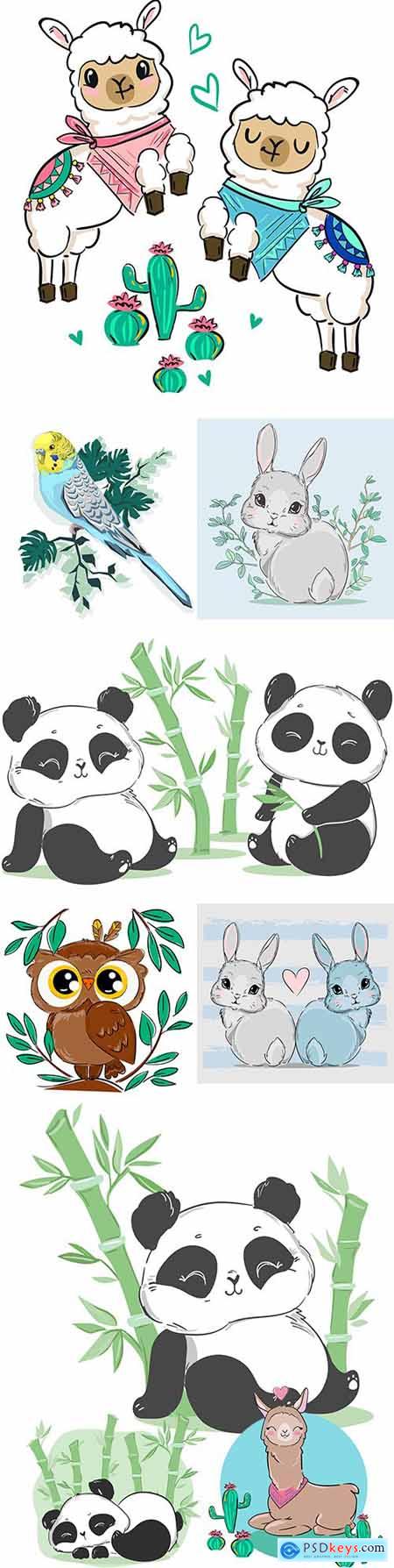 Cute panda, llama and Easter rabbit illustration cartoon