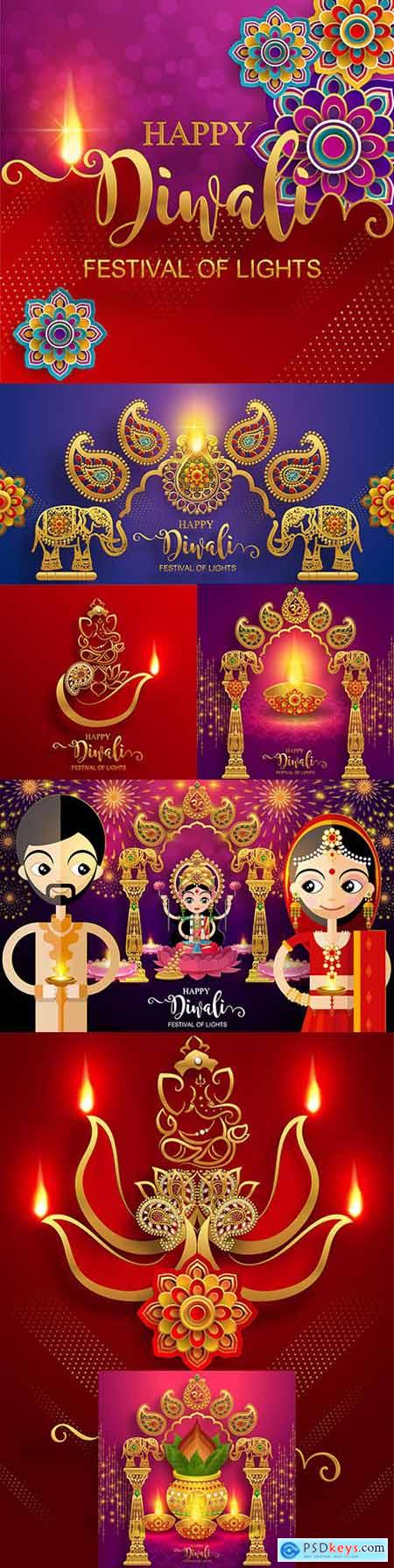 Divali, dipavali festival of lights India with gold drawing