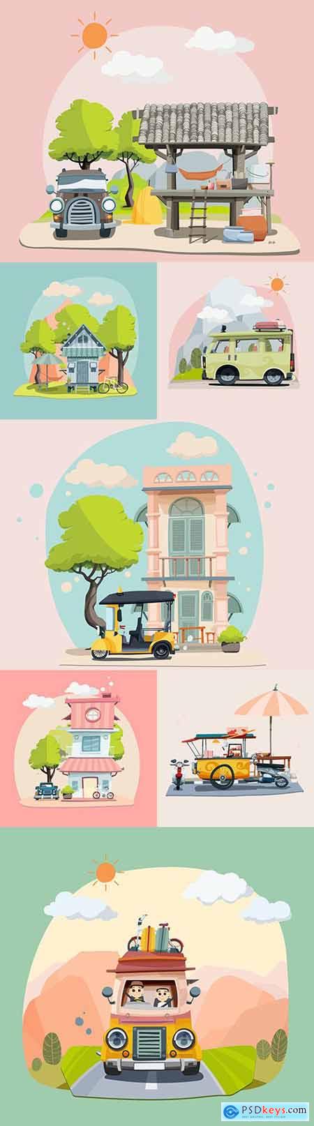 Travel during vacation and Pastel House illustration