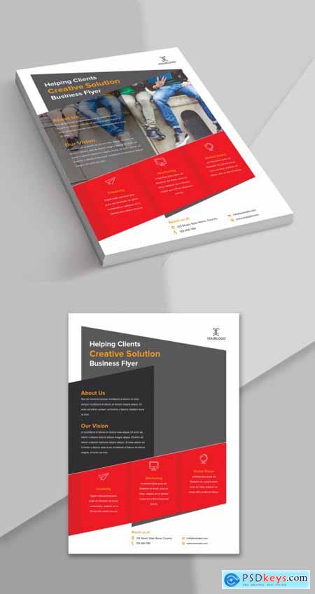 Flyer Layout with Geometric Elements in Grey and Red Accents 342128374