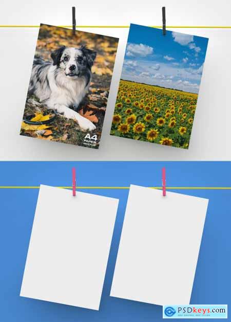 2 Paper Sheets Mockup Hanging on Rope 342472611
