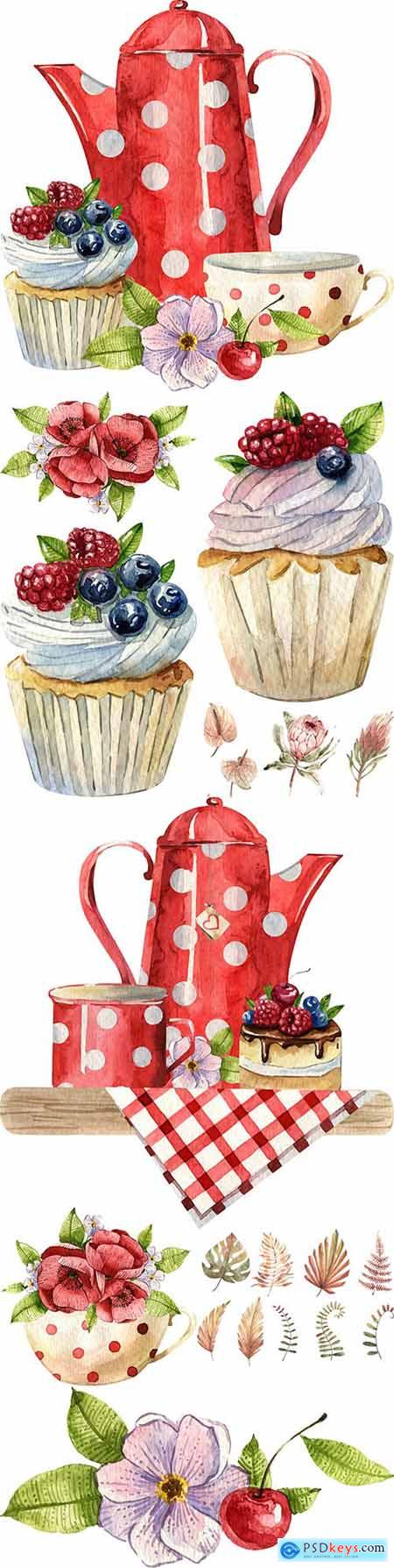 Breakfast tea time and cake summer watercolor illustration