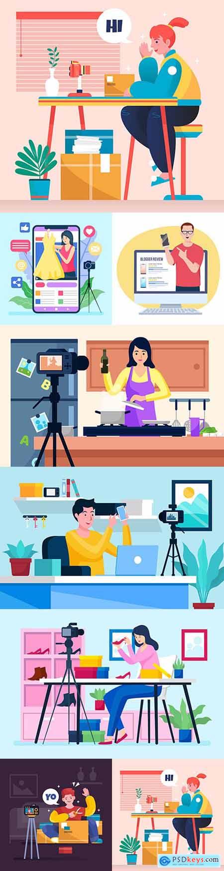 Blogger reviews and records new video illustration concept
