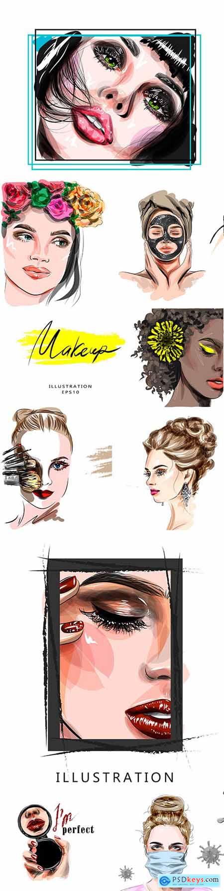 Fashion girl face with bright makeup illustration