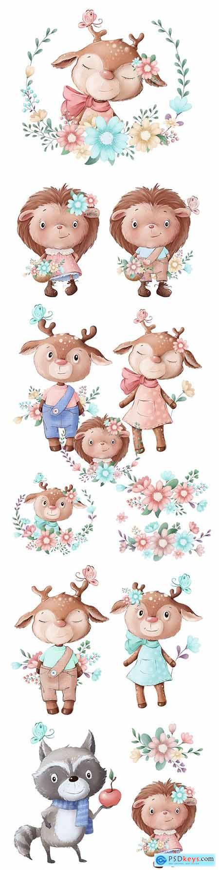 Little hedgehog and deer in wreath flowers nice illustrations