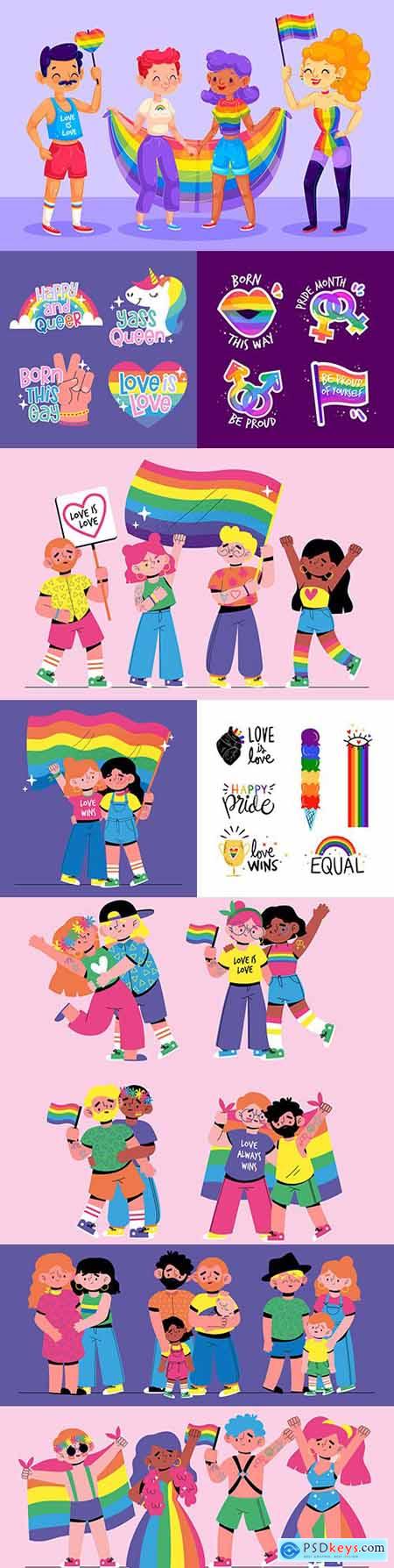 Pride day people celebrate together flat illustrations