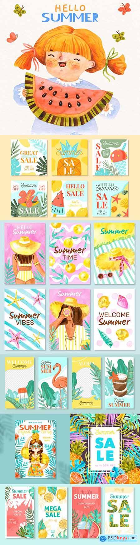 Hello summer sale and party template poster watercolor