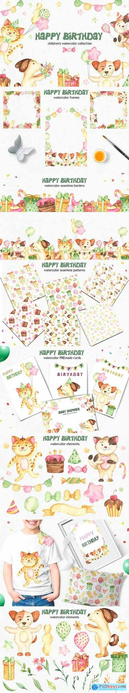 Watercolor Happy Birthday Dog and Cat Clipart