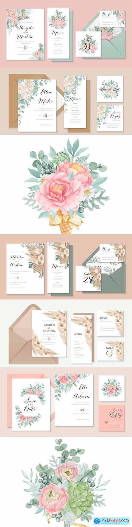 Romantic wedding invitation and watercolor flower bouquet
