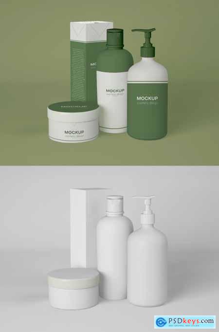 Set of Cosmetic Bottle and Cream Jar with Packaging Box Mockup 339301925