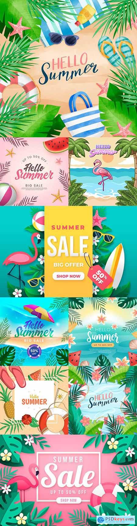 Hello summer seasonal sale design with tropical leaves