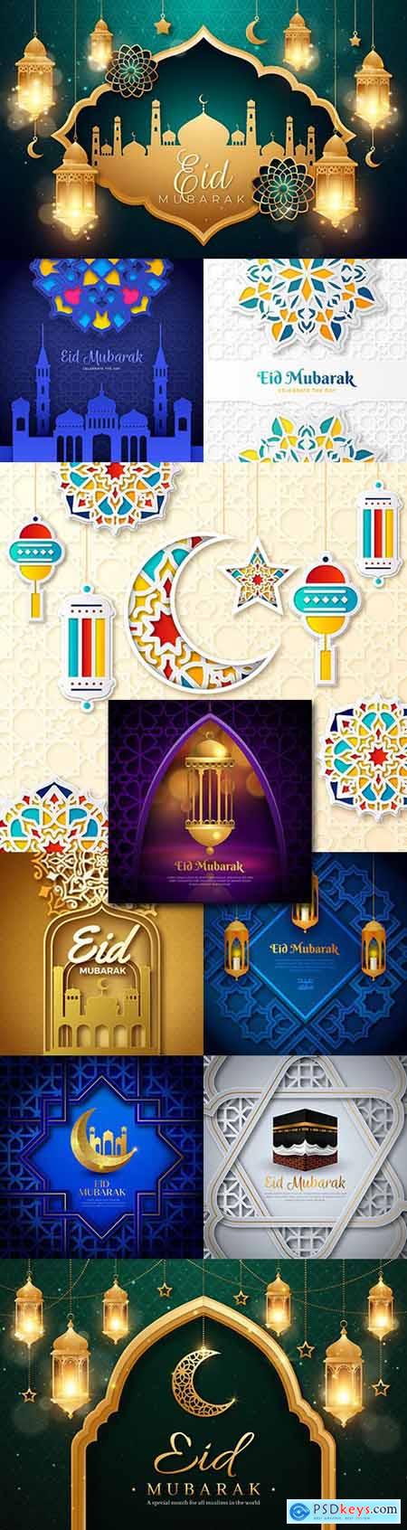 Eid Mubarak pealistic background with candles and mosque