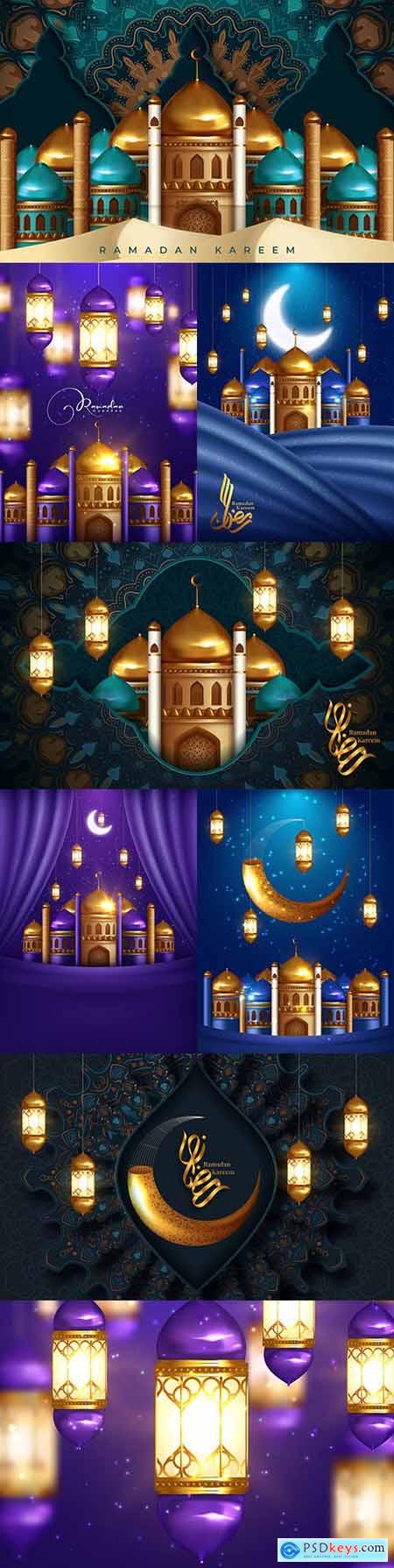 Ramadan Kareem greeting mosque and painted calligraphic illustration