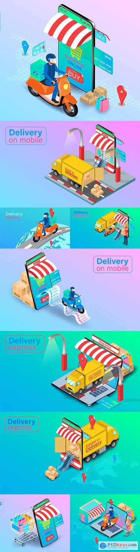 Online ordering and express food delivery isometric flat design