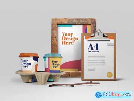 Clipboard, Wooden Frame and Takeout Cups Mockup 317330356