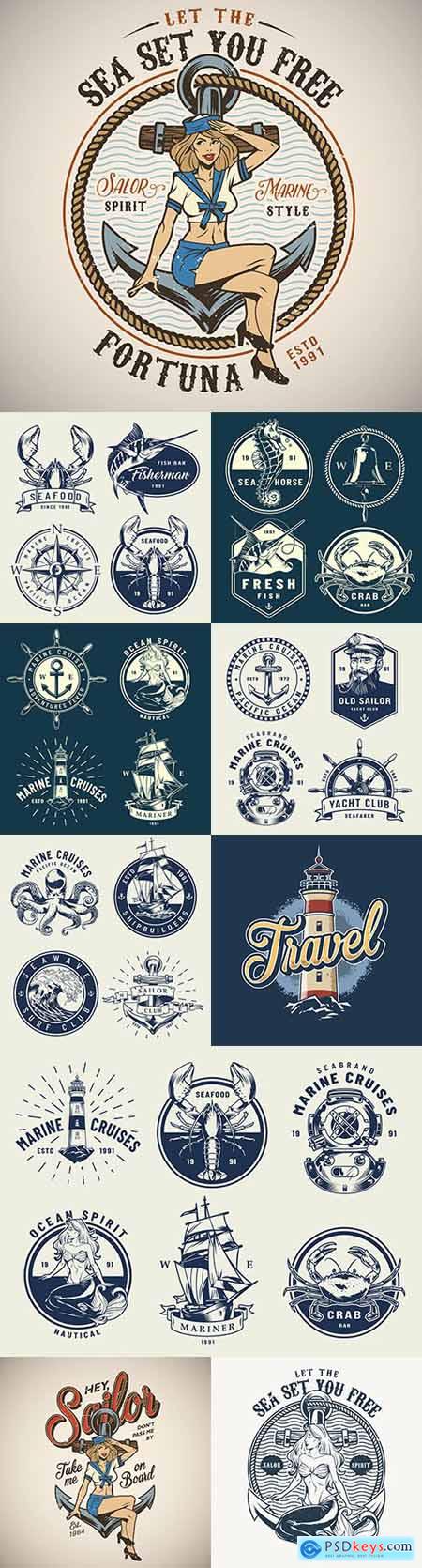 Vintage sea emblems and logos design collection