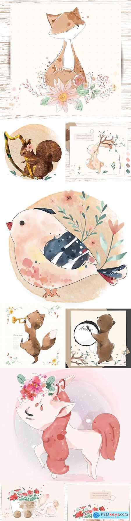Hand painting watercolor cute animal with tropical flowers