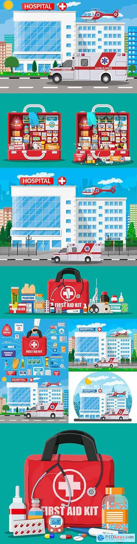 Hospital with ambulance and medical suitcase with tools