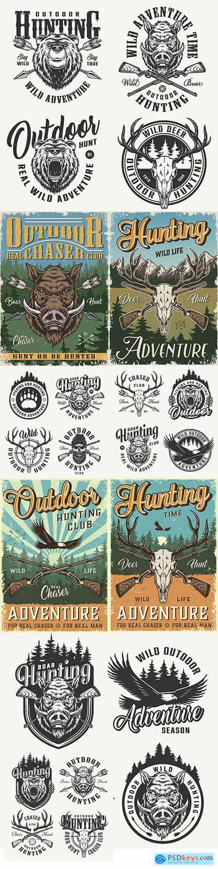 Hunting colourful poster and vintage monochrome club emblems