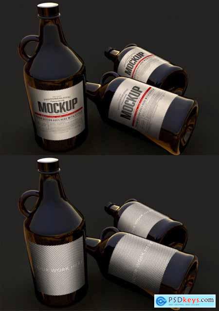 3 Big Dark Beer Bottles Mockup 348945059